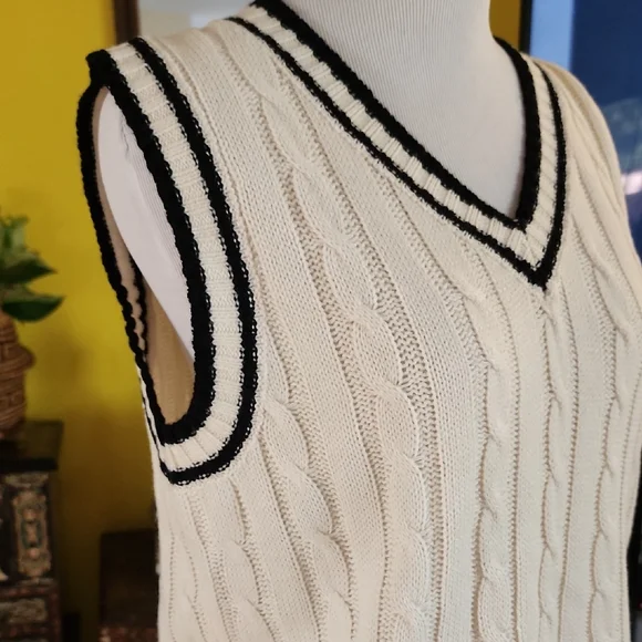 Cable Knit V-Neck Sweater Vest - Cream and Black - Picture 2 of 2